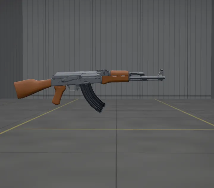 격납고 공간에 놓인 AK-47 앱 화면