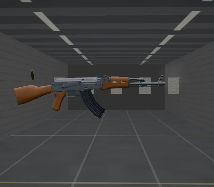 실내 사격장 공간에 놓인 AK-47 앱 화면